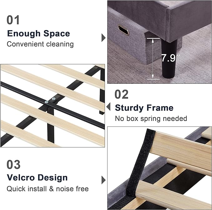 VECELO Queen Size Bed Frame Upholstered Platform with Tufted Adjustable Headboard/Mattress Foundation/Wood Slat Support,Easy Assembly,Dark Grey