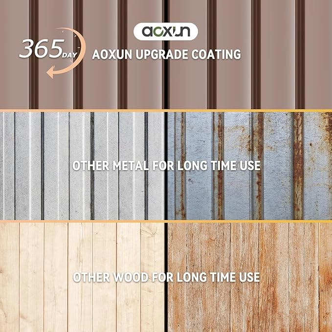 Aoxun 10x8 FT Galvanized Steel Outdoor Storage Shed - Metal Garden Shed with Double Doors, Thick Moisture-Proof Interlocking Floor, Ventilation System - Ideal for Generator & Tool Storage (Brown)