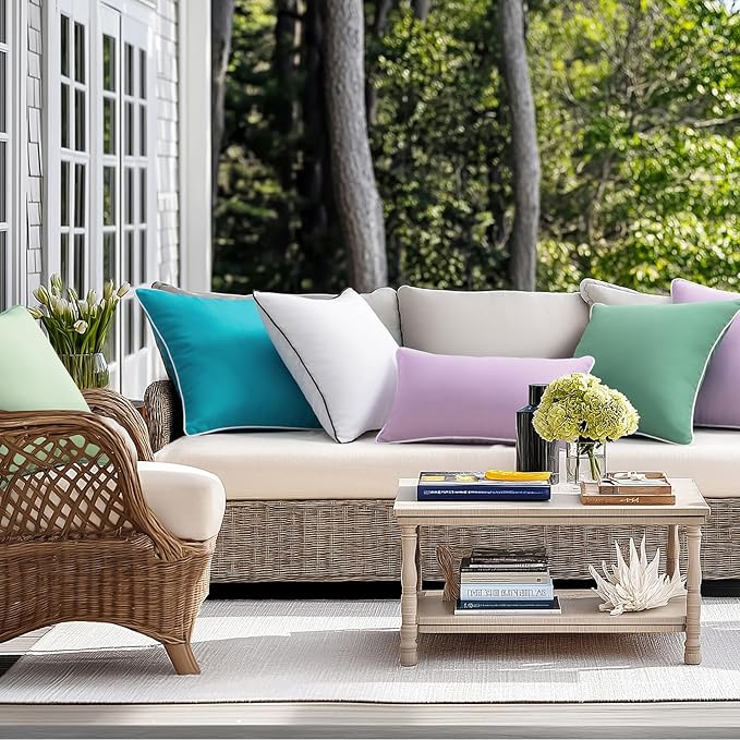 Phantoscope Pack of 2 Outdoor Waterproof Throw Pillow Covers with Contrast Piping, Decorative Square Cushion Case Patio Pillows for Couch Tent Sunbrella, Pure White 12x20 inches