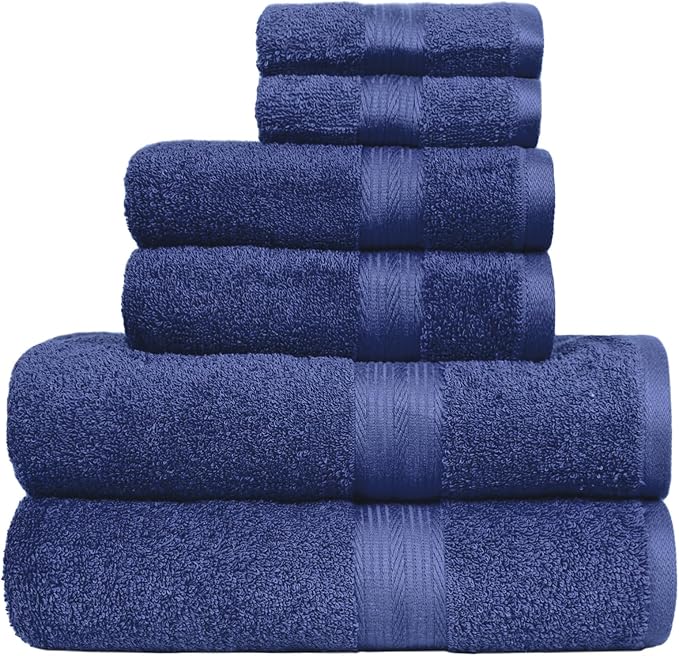 Amazon Basics 6 Piece Oversized Fade resistant Towel set, 100% Cotton towels for bathroom, soft and absorbent, 2 Bath Towels, 2 Hand Towels and 2 Washcloths bathroom towel set, Navy Blue