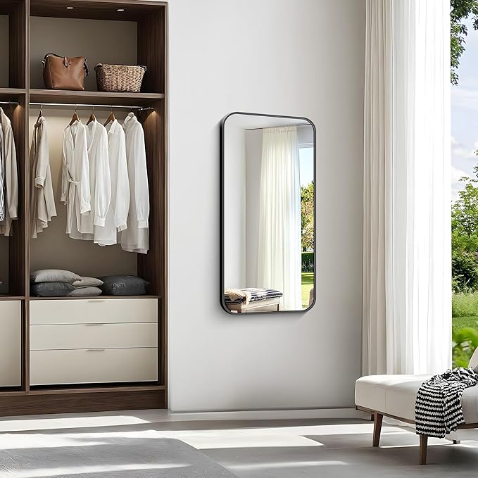 Bathroom Mirror, 48 x 24 inch Black Rectangle Wall Mirror, Metal Framed Rectangular Vanity Mirror, Rounded Corner Wall Mounted Mirror for Modern Bedroom Living Room Horizontal/Vertical