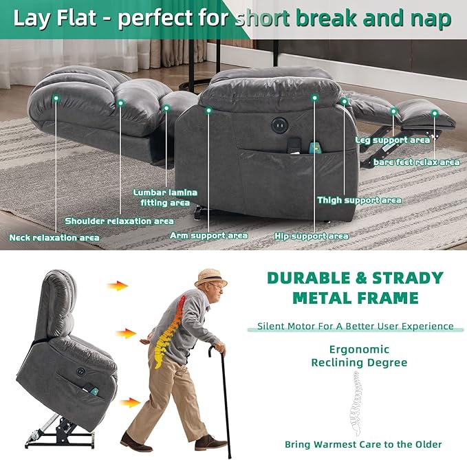 VIVIJASON Large Dual OKIN Motor Lay Flat Sleeper Lift Recliner Chair with Heat & Massage for Elderly, Infinite Position Electric Power Recliner with 2 Remote Controls, Side Pockets & USB Ports, Gray