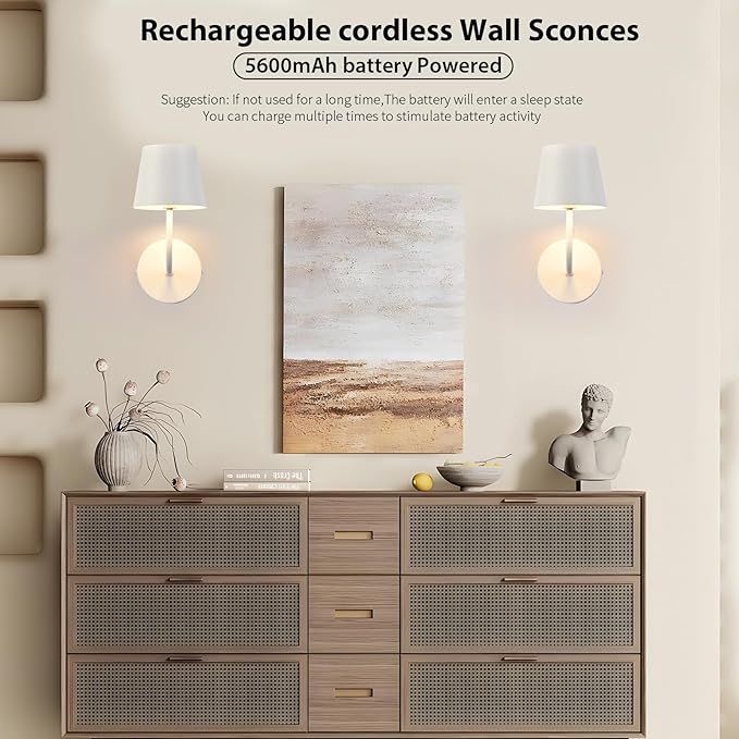 LED Wireless Wall Lamp Set of 2, with 5600mAh Rechargeable Battery Powered Wall Sconces, Touch for Remote Control Infinite Dimming Be Used for Bedroom Mirror Living Room Wall Painting (White)