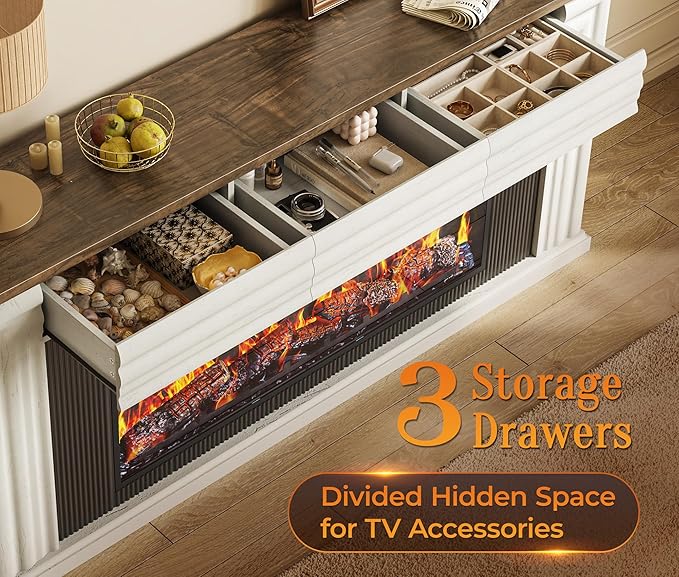 PRAISUN 70'' Fireplace TV Stand with 42'' Electric Fireplace, Farmhouse TV Stand for 65 75 Inch TV, Entertainment Center TV Console with 3 Drawers, Fluted Design, for Living Room, Distressed White