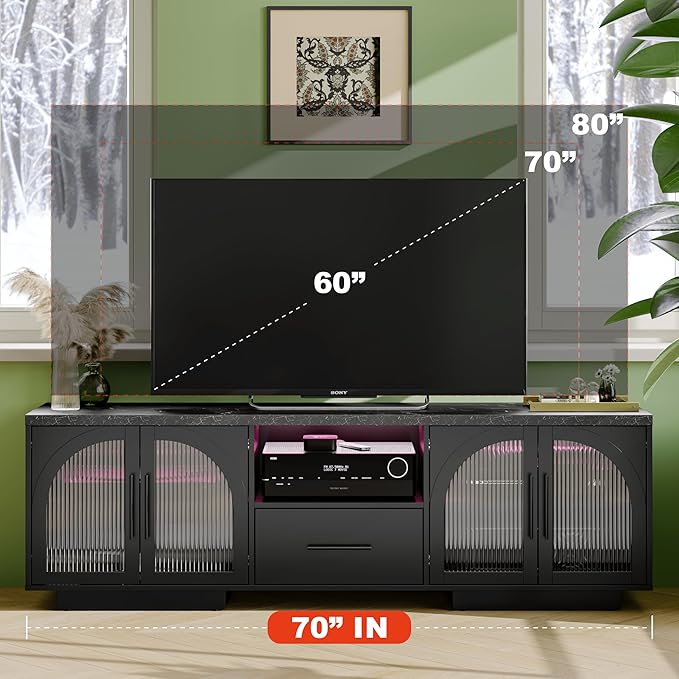 70" TV Stand for 80 Inch TVs, Entertainment Center with LED Lights and Arched Glass Doors, Faux Marble Wood Finish, Adjustable Shelves, Modern TV Cabinet for Living Room, Black
