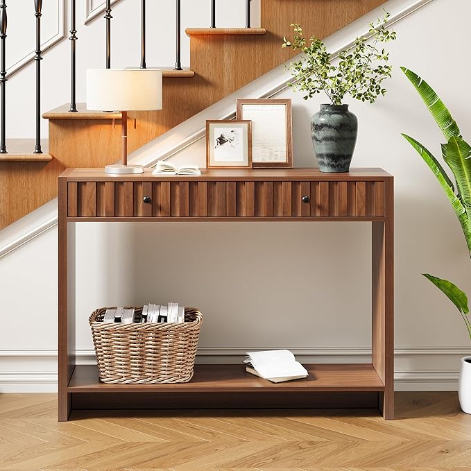 Console Table with Drawers, Narrow Mid-Century Fluted Entryway Table Sofa Table with Storage Shelf, Wood Entry Table Accent Behind Couch Table for Entrance, Hallway, Living Room (Walnut)