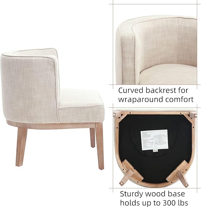 Set of 2 Arm Accent Chair Barrel Accent Chair with Wood Legs, Comfy Barrel Side Chair Linen Upholstered Reading Chairs with Back for Living Room Bedroom, Living Room Chair, Beige