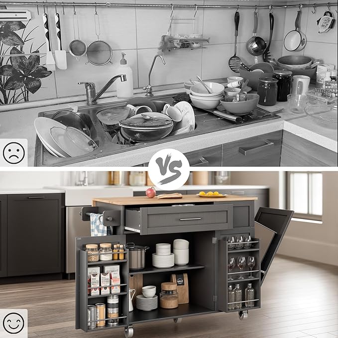 Kitchen Island with Storage & Drop Leaf - 43.3" Mobile Kitchen Cart with Wheels, Rolling Kitchen Island with Trash Bin Cabinet & Towel Rack, Rubberwood Top, Grey Island for Kitchen