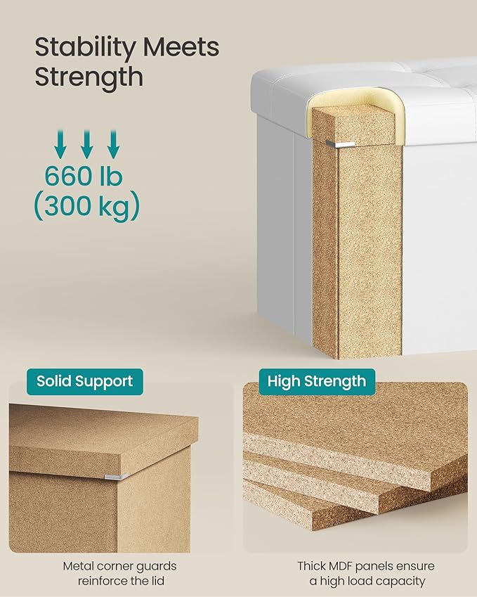 SONGMICS MAZIE Collection - 30 Inches Folding Storage Ottoman Bench, Ottoman with Storage, Foot Rest Stool, Load 660 lb, for Living Room, Synthetic Leather, White ULSF106