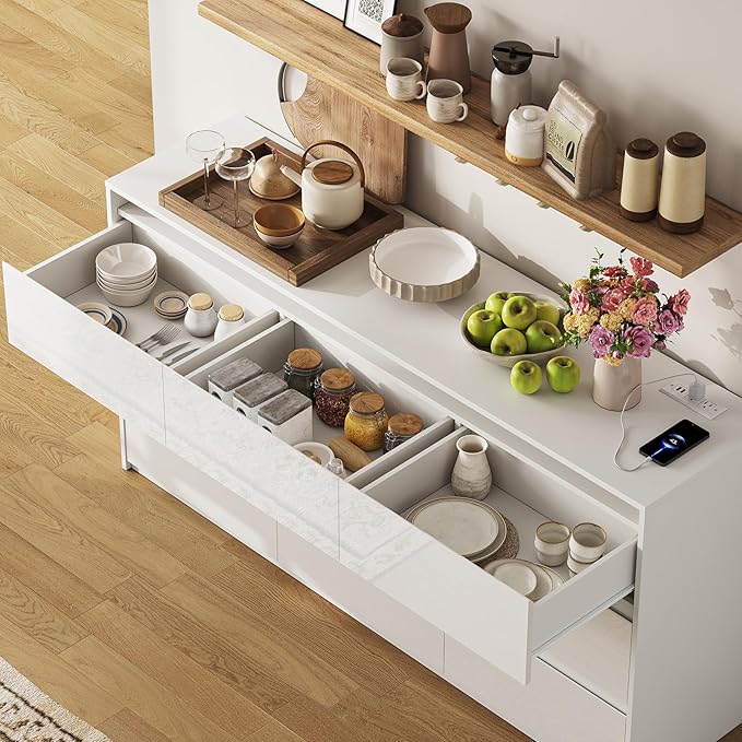 White TV Stand for Bedroom, Storage Cabinet with 9 Drawers Modern Large High Gloss Cabinet for Living Room Office (63" W)