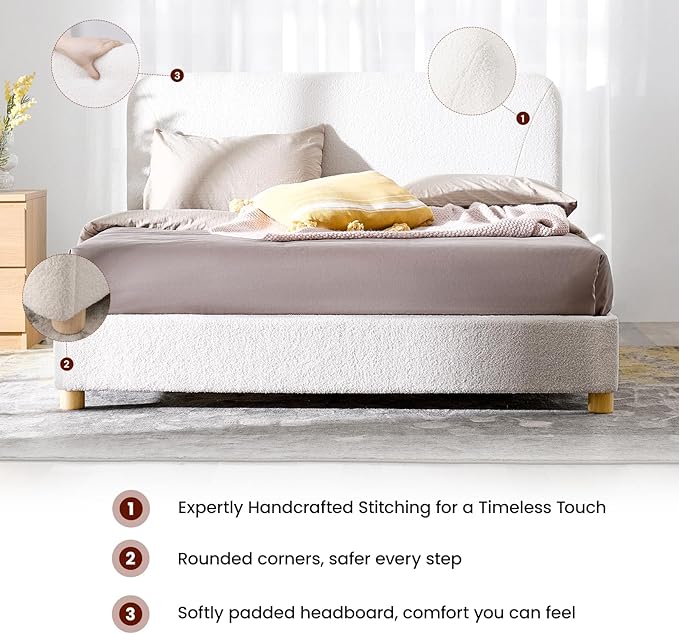 Full Size Boucle Bed Frame, Upholstered Cloud Bed Frame with Adjustable Headboard, Solid Wood Legs, Rounded Corners Design & Easy Assembly – Modern Platform Bed,Cream