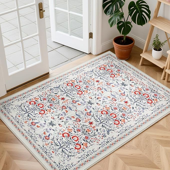 Area Rug Kitchen Rugs, 2X3 Small Washable Rug Floral Modern Kitchen Mats for Floor, Soft Door Mat Indoor Entrance Ultra-Thin, Non-Slip Stain Resistantg Rugs for Entryway, Kitchen, Kids Room, Beige