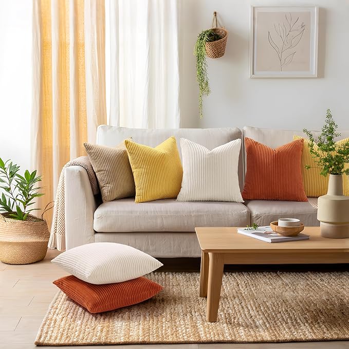 Mecatny Corduroy Decorative Fall Throw Pillow Covers 18x18 Set of 2 for Sofa Living Room, Soft Burnt Orange Neutral Boho Couch Pillow Covers for Home Decor, Rust