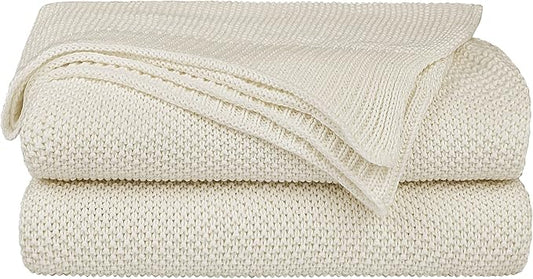 PiccoCasa 100% Cotton Knit Blanket Twin Size,Solid Lightweight Decorative Throws and Blankets,Soft Knitted Throw Blanket for Sofa Couch, Beige 60" x 78"