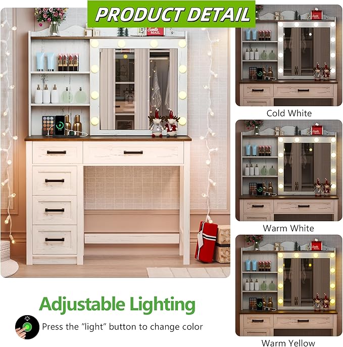 Makeup Vanity, Farmhouse Vanity with Sliding Mirror & 3 Levels of Open Storage Shelves, 35'' Intelligent Makeup Desk with Multi-Functional Charging Station & Hidden Storage for Bedroom, White