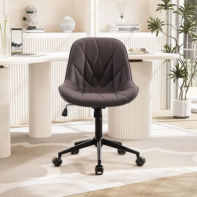 Rowill Modern Office Chair - Ergonomic Swivel Leather Desk Chair with Curved Backrest, Height Adjustable Rolling with Wheels, Perfect for Study Room & Office, Brown