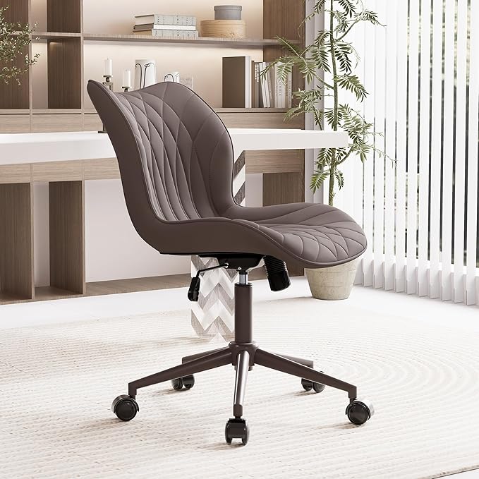 YOUNUOKE Armless Desk Chair Comfy Office Chair with Wheels Home Ergonomic Task Chair Adjustable Computer Chairs Modern Faux Leather Swivel Chair Upholstered Makeup Vanity Chair with Back(Brown)