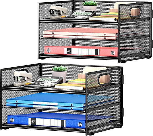 Subekyu 2-Pack 3-Tier Paper Letter Tray Organizer for Desk, Black Metal Mesh File Sorter Organizer with Handle and 1 PC Sliding Tray for Home Office School Desk Supplies Organization Storage