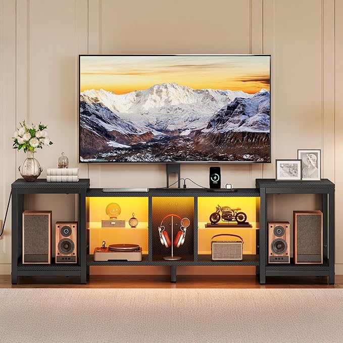 YITAHOME TV Stand with Mount for Living Room, Black Modern TV Stand for 70inch TV with Power Outlet & LED Lights, LED Entertainment Center, Gaming TV Console Cabinet, Black Carbon Fiber