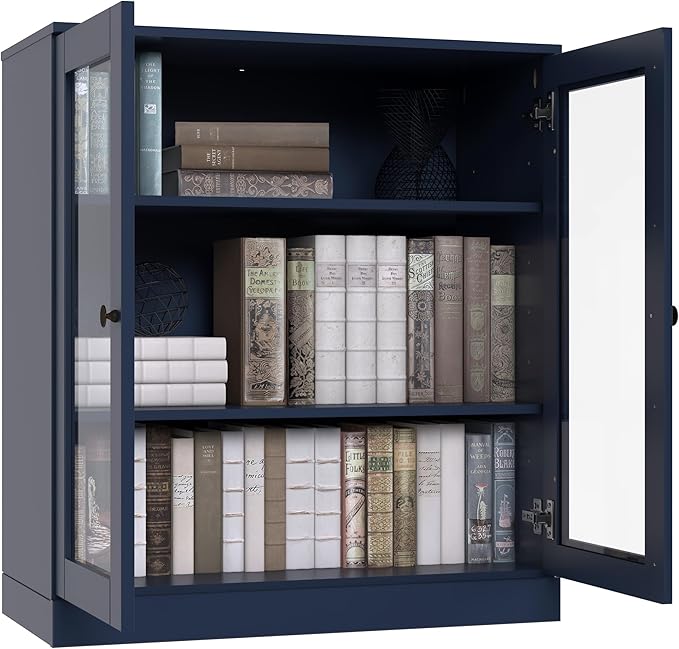 Palace Imports Solid Wood Bookcase - Floor Standing Bookshelf - 32” W - Display Furniture, Renewable 100% Eco-Friendly Wood, Made in Brazil (Navy Blue, Clear Glass Doors | 3-Shelf Short Bookcase)