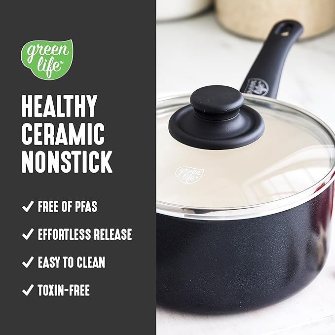 GreenLife 2QT Nonstick Saucepan with Glass Lid, Soft Grip, PFAS-Free Ceramic, Multipurpose Chef Pan, Milk & Sauce Cooking Pot, Dishwasher & Oven Safe to 350˚F, Stay-Cool Handle, Black