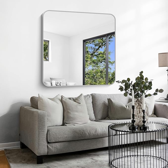 Silver Bathroom Mirror, 42 x 42 Inch Silver Square Mirror, Metal Framed Rectangular Vanity Mirror, Rounded Corner Wall Mounted Mirror for Living Room Bedroom Entryway Hangs Horizontal/Vertical