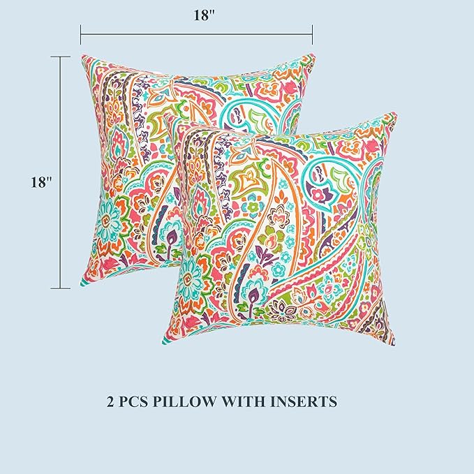 FUNHOME Outdoor Indoor Throw Pillows 18”x18”, Set of 2 Decorative Throw Pillows with Inserts, All Weather Water-Repellent Square Pillows for Bed, Couch, Sofa and Patio Furniture-Melora Paisley