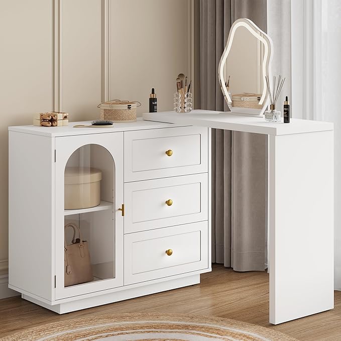 RoyalCraft 59” Makeup Vanity Desk, White Vanity Dresser Combo, Modern Corner Makeup Table with 3 Drawer & 1 Door, Wood Dressing Table for Women Girlfriend, Vanity for Bedroom (Without Mirror)