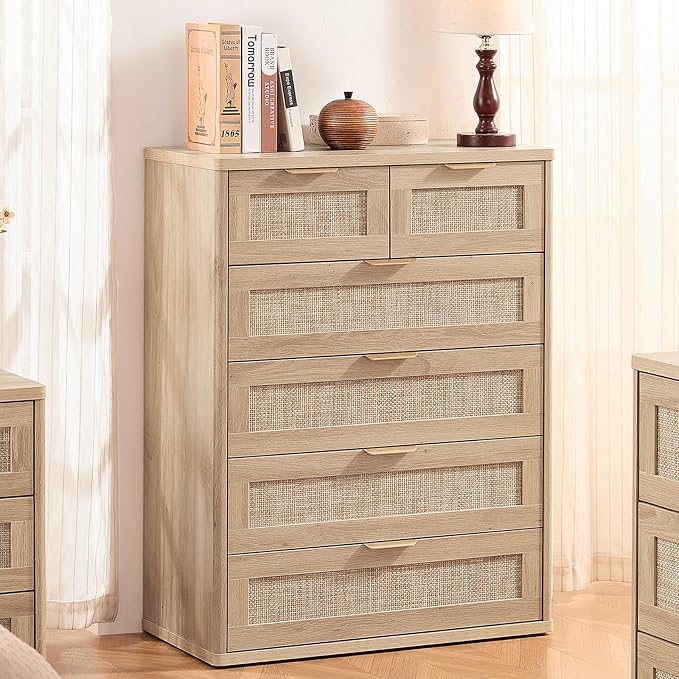 LEYAOYAO Rattan Dresser for Bedroom Set of 2, 41" Tall Chest of Drawers, Modern 6 Drawers Boho Dressers with Storage, Light Oak Dresser Wooden Closet Organizer for Living Room, Hallway, Natural Wood