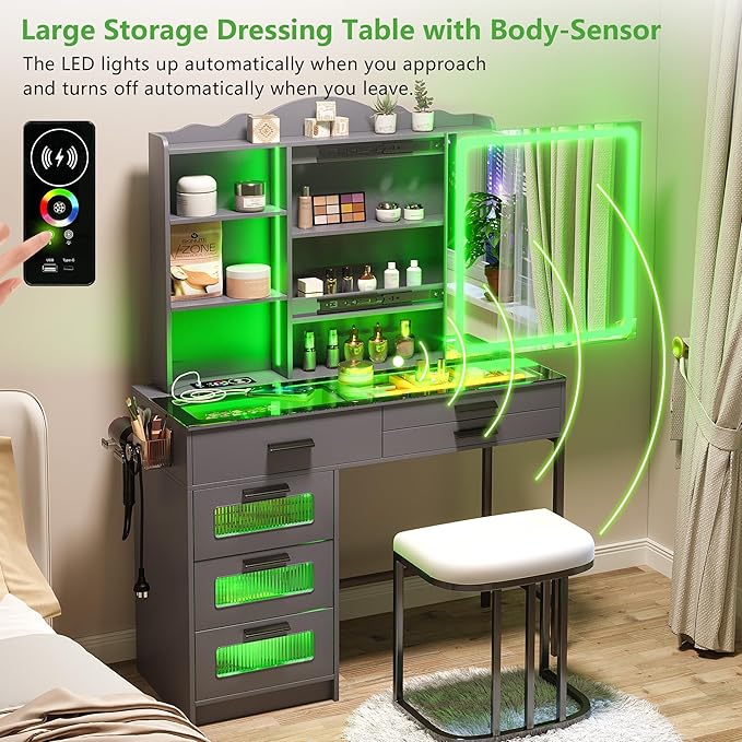 HENBC Vanity Desk with Sliding Mirror and Glass Desktop, LED Vanitys Mirror with RGB Lights Desk and Chair, Dressers Table Set with Charging Station/Makeup Organizer/6 Drawers for Bedroom(Grey)