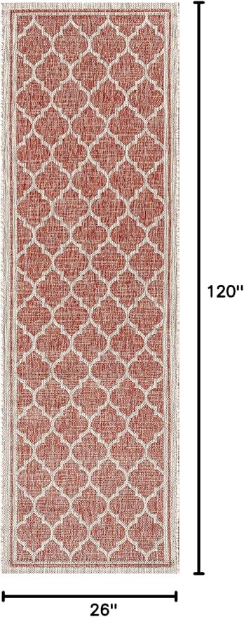 Eyely BMS109C-210 Santa Monica Trebol Moroccan Trellis Textured Weave Indoor/Outdoor Runner Rug Coastal;Bohemian, Bedroom, Backyard, Patio, Easy-Cleaning, Non-Shedding, 2 X 10, Red/Beige