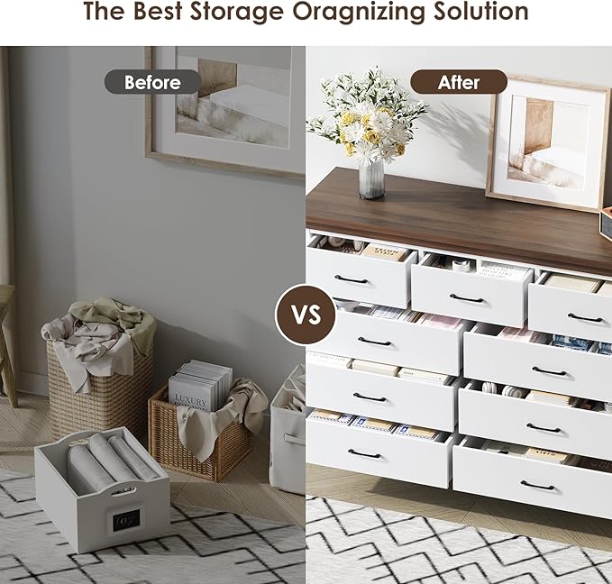 Farmhouse 9 Drawer Dresser for Bedroom, 52" Wide Chest of Drawers, Wooden Dresser TV Stand, Storage Dressers Organizer for Bedroom, Living Room, Hallway, White