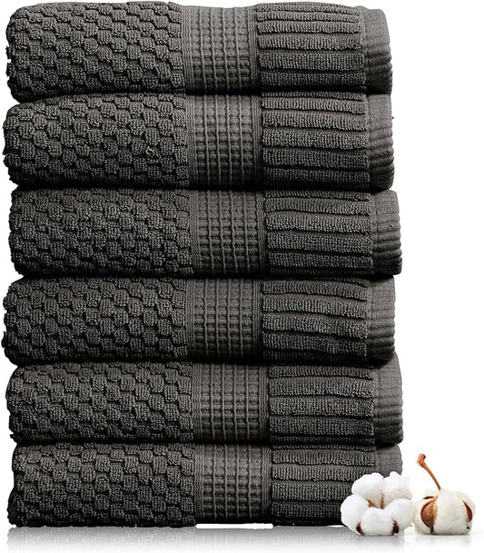 NY Loft 100% Cotton Hand Towel 6 Pack | Super Soft & Absorbent Quick-Dry Hand Towels 16" x 28" |Textured and Durable Cotton | Trinity Collection (6 Pack Hand Towel, Dark Grey)