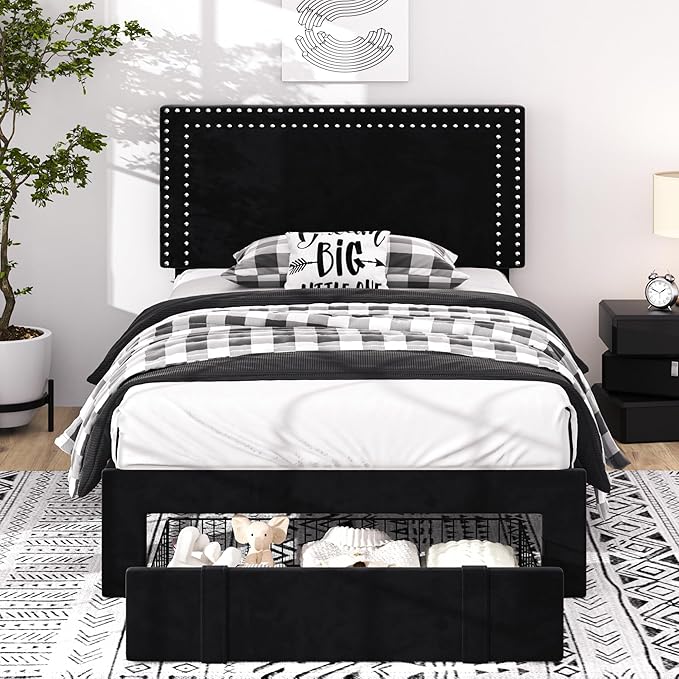 VECELO Twin Size Bed Frame with Storage Drawer, Adjustable Velvet Rivet Decor Headboard, Wooden Slats Support Platform, No Box Spring Needed, Easy Assembly