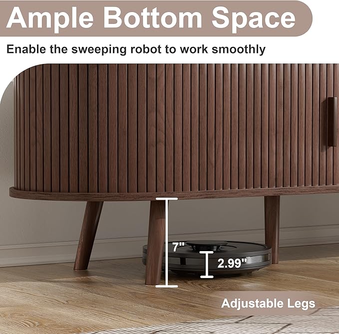 Alohappy 69" Mid Century Modern TV Stand with Charging Station, Farmhouse Curved Edge TV and Media Console Table with Drawer and Shelf, Fluted Entertainment Center for Living Room, Bedroom, Walnut