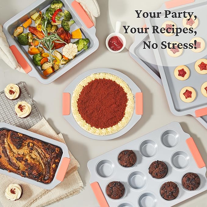 BRONYPRO Nonstick Ceramic Bakeware Set (9 Pieces),Heavy Duty Aluminized Steel Bakeware-Baking Pans Set with Silicone Handles,Includes Sheet Pans,Loaf Pan,Muffin pan,Cake pans,PTFE & PFOA Free - Orange