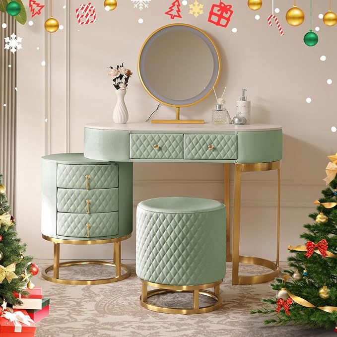 Faux Leather Makeup Vanity Desk Set with LED Lighted Mirror Luxury Dressing Makeup Table with Storage Drawers & Vanity Stool, Green