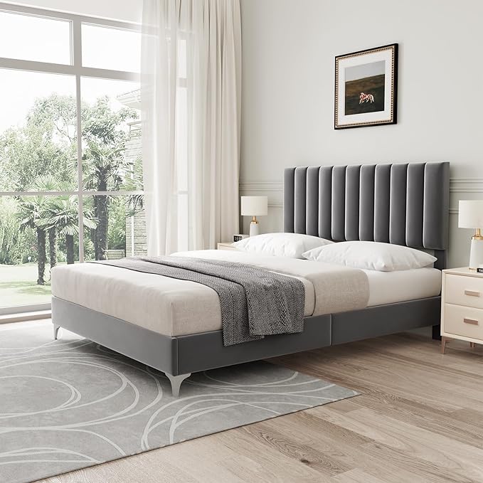 IDEALHOUSE Queen Bed Frame with Velvet Headboard Adjustable, Strong Wooden Slat Support, No Box Spring Needed, Noise Free Sleep,Easy Assembly, Dark Grey