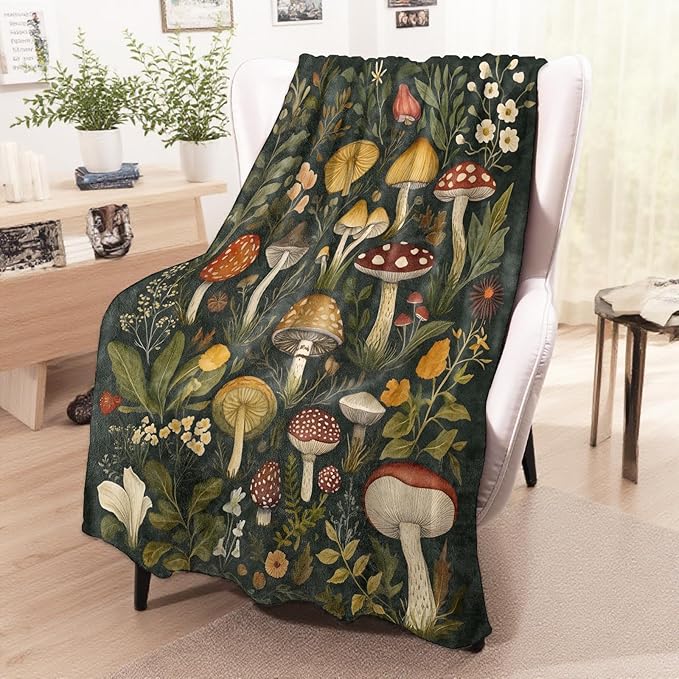 Whimsical Mushroom Blanket, Cozy Flannel Colorful Fungi & Wildflowers Throw Blanket for Couch Outdoor, Plush Soft Lightweight Travel Blankets for Bed Decor and Gifts, for Women Adults 50"x60"
