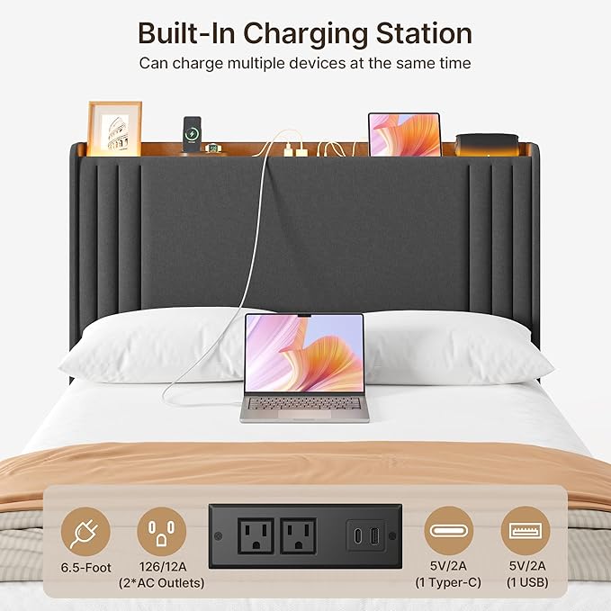 Gizoon Full Bed Frame with Charging Station and LED Lights,Upholstered Wingback Platform Bed with Wooden Slats,Noise-Free,No Box Spring Needed