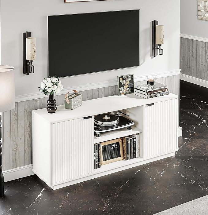 60'' Fluted TV Stand, Console Table, Mid Century Modern Curved TV Stands with Water Wave Shaped Door, Entertainment Center with Metal Handle, Living Room (Antique White Wood Grain)