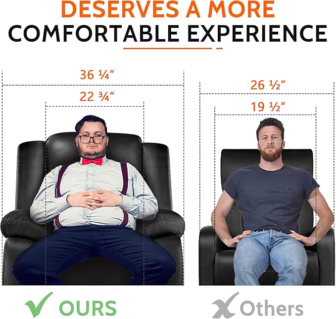 PrimeZone Oversized Rocker Recliner Chair - Comfy Wide Lazy Boy Recliner Chair with Overstuffed Armrest, Faux Leather Manual Reclining Chairs for Living Room, Bedroom, Home Theater Seating, Black