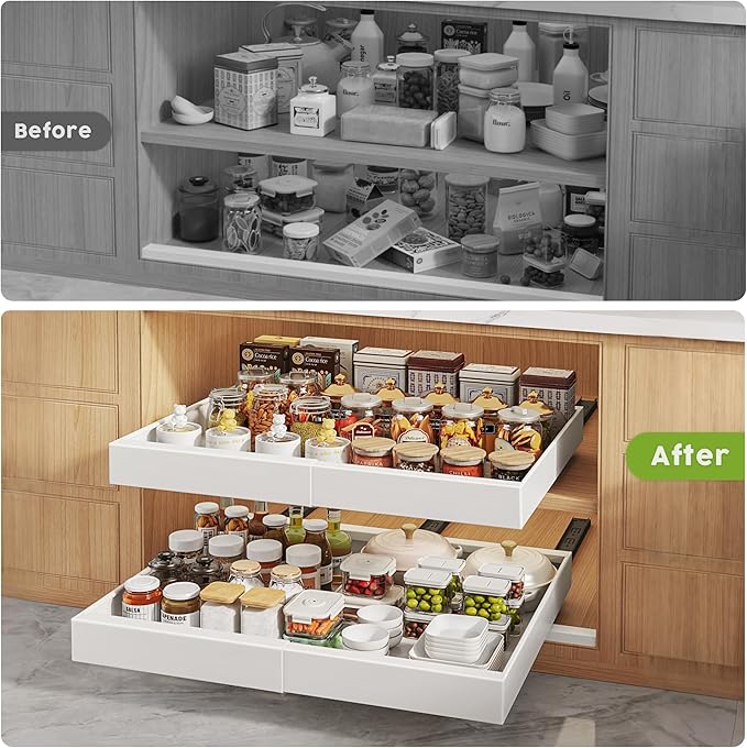 2 Pack Pull Out Cabinet Organizers 21"Deep with Raising Pad for Framed Cabinets,Expandable Slide Out Drawers Upgrade 3 Slide Rails,Roll Out Shelves Adhesive,Adjustable Width 12"-20.45" White