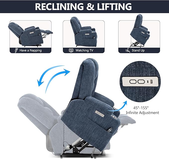 Power Lift Chair with Massage & Heat, Electric Recliner Chairs for Adults, Remote Control, Living Room Sofa, Standing Assistance, USB Ports, Stainless Steel Cup Holders, Chenill, Blue