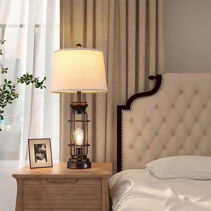 Table Lamps for Living Room Set of 2, 28.5" Farmhouse Lamps for Nightstand with USB C+A Ports, Touch Lamps for Bedroom, LED Bulbs Included