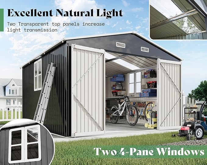 AMERLIFE 10x12x7 FT Metal Storage Shed with 2 Transparent Panels, Outdoor Tool Shed with Hinged Double Doors, Windows & Vents, Reinforced Steel Frame for Backyard Garden, DIY Workshop, Dark Gray