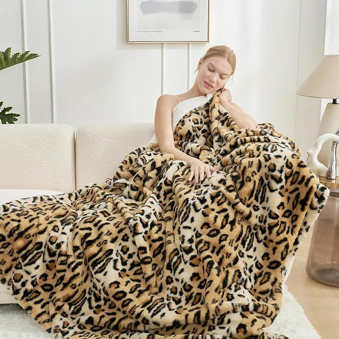 Cozy Bliss Luxury Faux Fur Throw Blanket Leopard Print, Non Shedding Double Sided Sherpa Blankets Super Soft Fluffy Thick Warm Throws Home Decor for Couch Bed Sofa Women,60"*80"Inches Brown Leopard