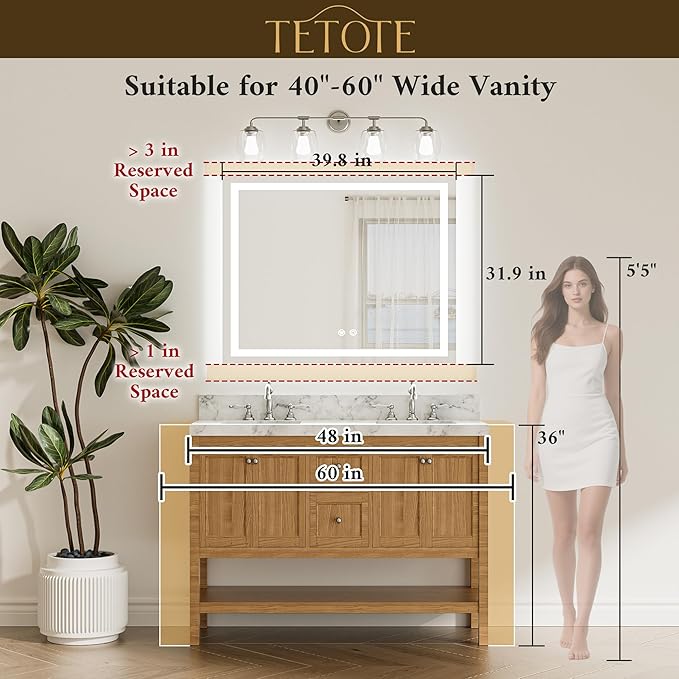 TETOTE LED Bathroom Mirror with Lights 40 x 32 Brighter Lighted Front and Backlit Led Vanity Antifog Light up Mirror for Bathroom, 3-Color Dimmable, Wall Mounted, Waterproof