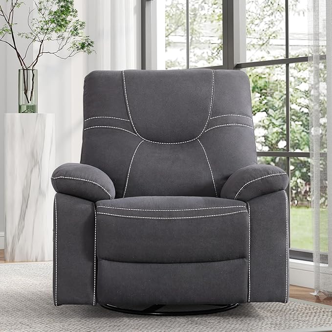 ANJ Oversized Swivel Rocker Recliner Chair for Adults, Manual Rocking Recliner Glider Recliner Nursery Chair Clearance with Decorative Stitching Soft Fabric Thick Cushion for Living Room Bedroom