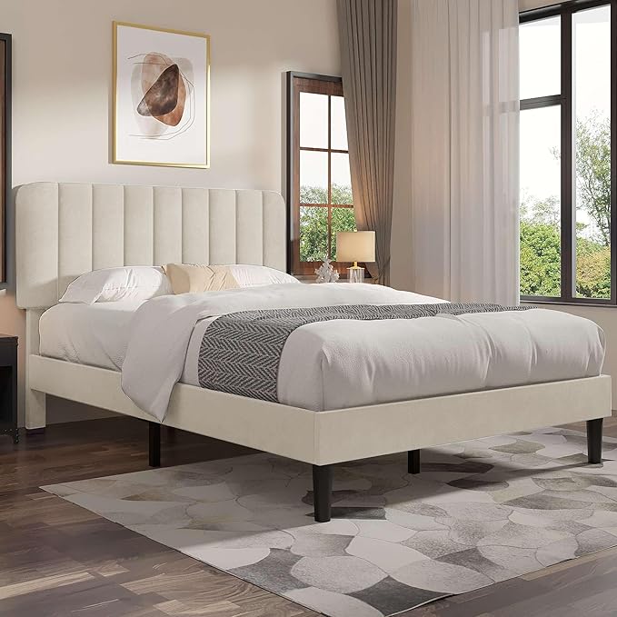 VECELO Queen Size Bed Frame with Upholstered Headboard, Velvet Platform Bedframe Mattress Foundation, Strong Wood Slat Support, No Box Spring Needed,Velvet Beige
